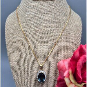 Gold Tone Box Chain Necklace Blue Stone Oval Pendant Clear Crystal Trim 18"